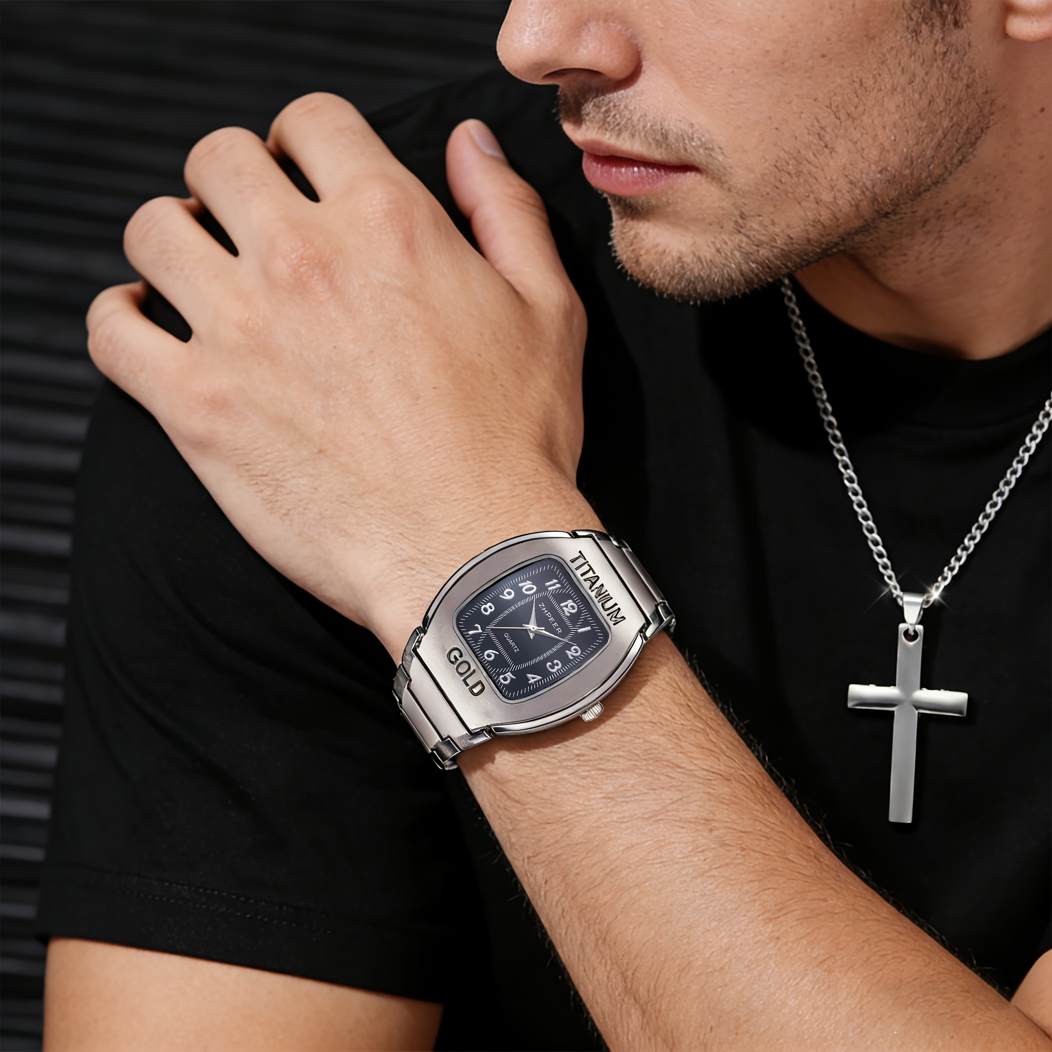 Men's 2pcs Luxury Watch & Necklace Set, Casual Style